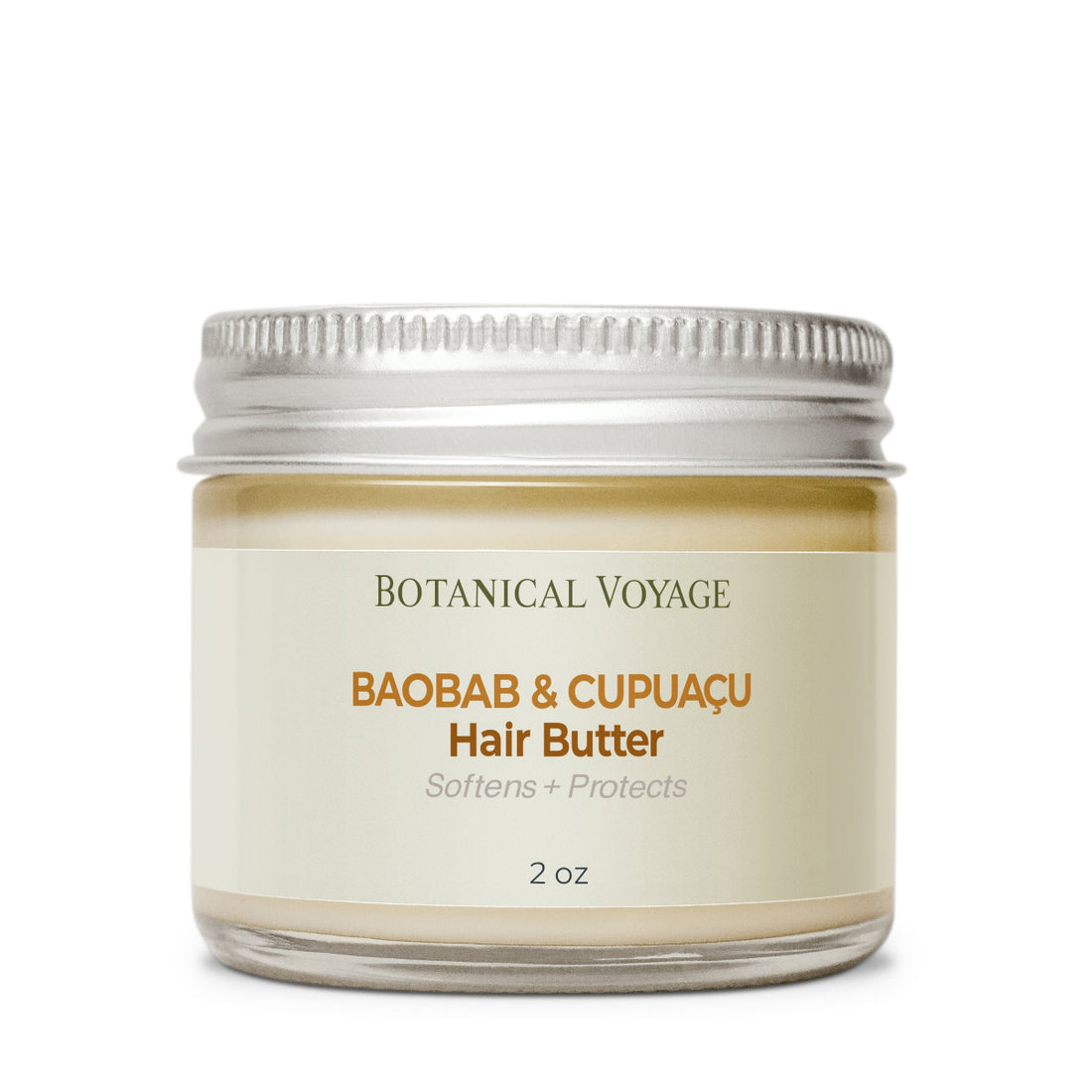 Jar of Botanical Voyage Baobab &amp; Cupuacu hair butter on a white background.