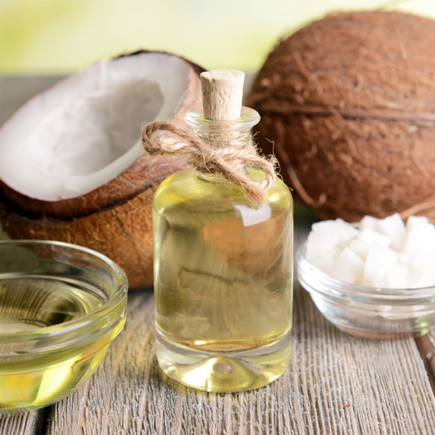 Coconut oil on table close-up.