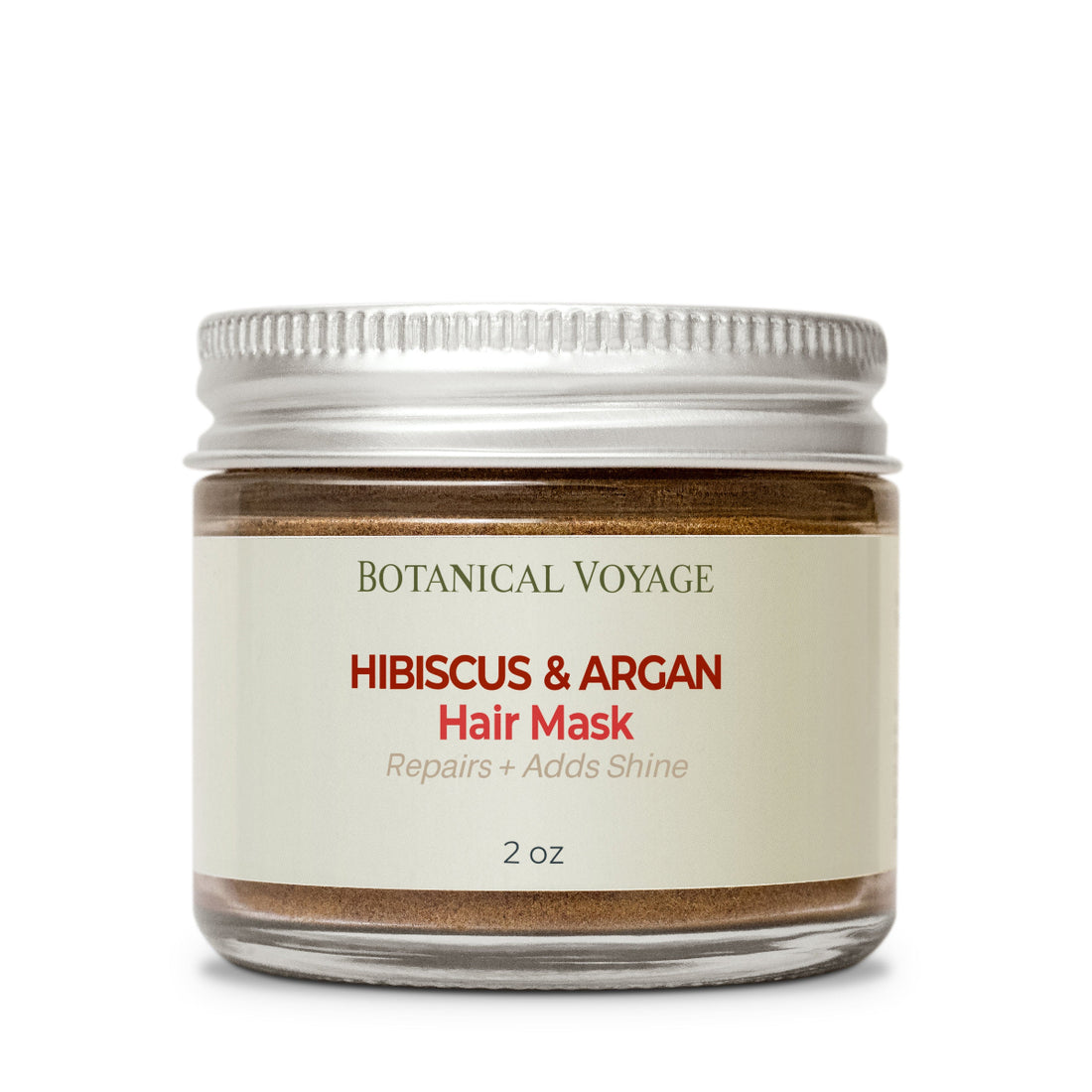 Jar of Botanical Voyage Hibiscus &amp; Argan Hair Mask on a white background.